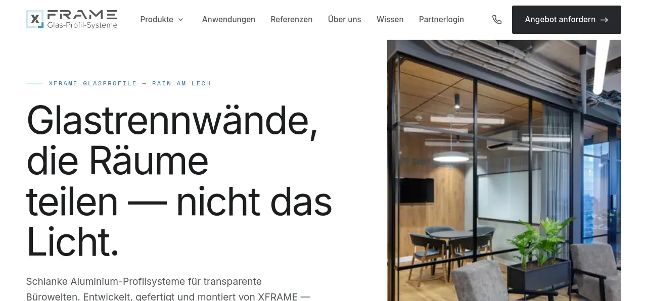 Startseite der Website von XFRAME Glasprofile